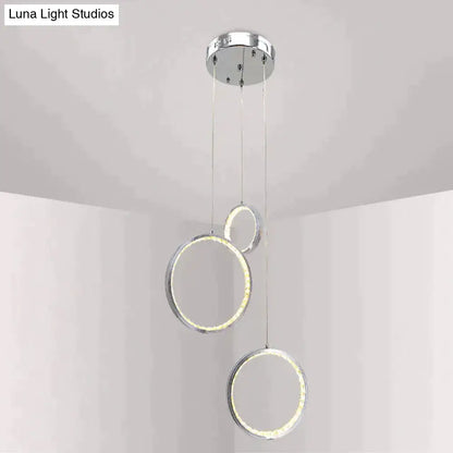 Modern chrome circle led crystal pendant lamp with three glowing rings for dining and living room lighting