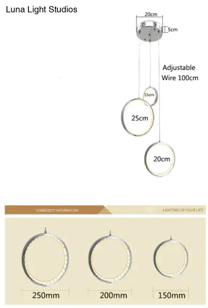 Decorbites™ circle led crystal pendant lamp with three silver rings and adjustable wires for dining or living room lighting