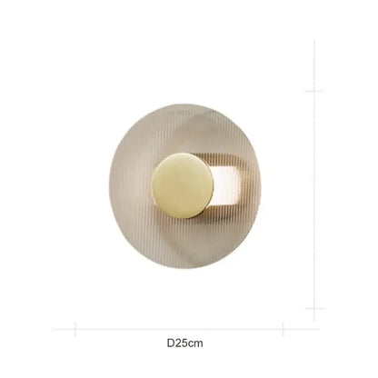Modern circular brushed metallic wall lamp with brushed gold finish and ridged texture for elegant glass wall decorbites decor