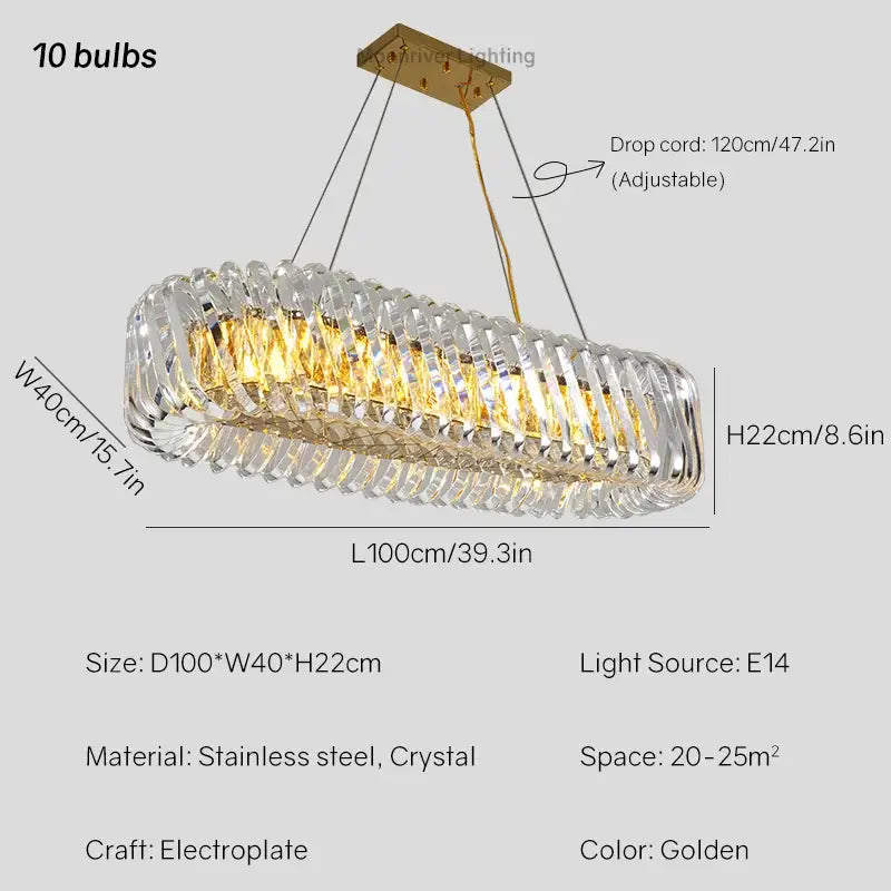 Modern circular crystal led ceiling chandelier with golden oval frame cascading crystals and stainless steel decorbites crystal led accents