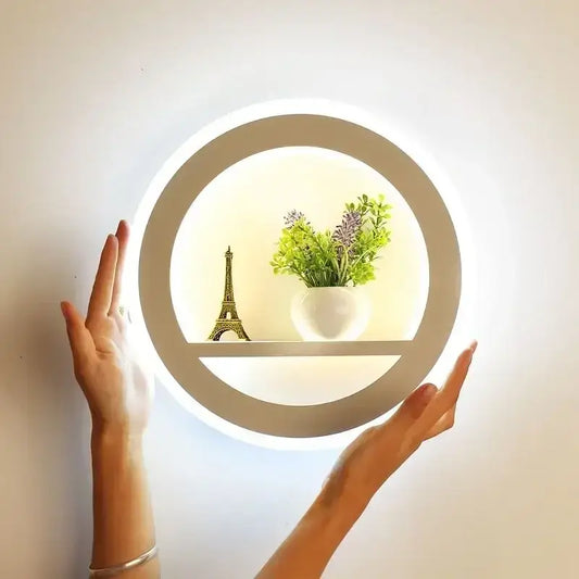 Modern circular dimmable led wall lamp with illuminated ring and integrated shelf for bedroom with remote control