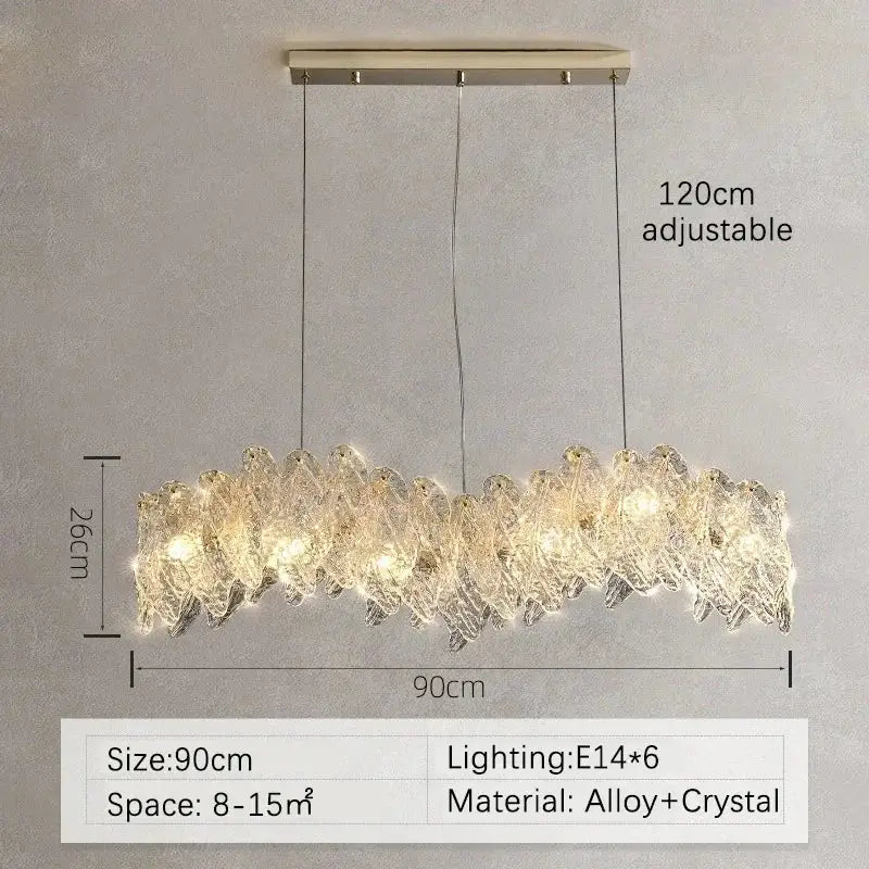 Modern rectangular 90cm glass petal led chandelier with alloy frame and crystal elements for dining room lighting