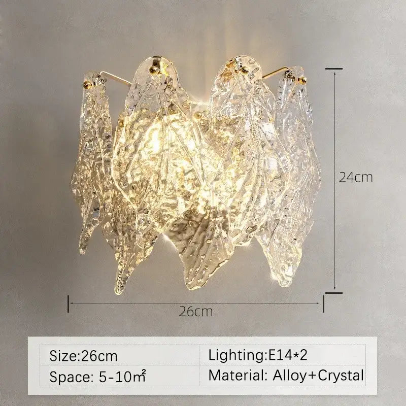 Modern circular glass petal led chandelier featuring clear leaf-shaped crystal wall sconce with gold alloy mount
