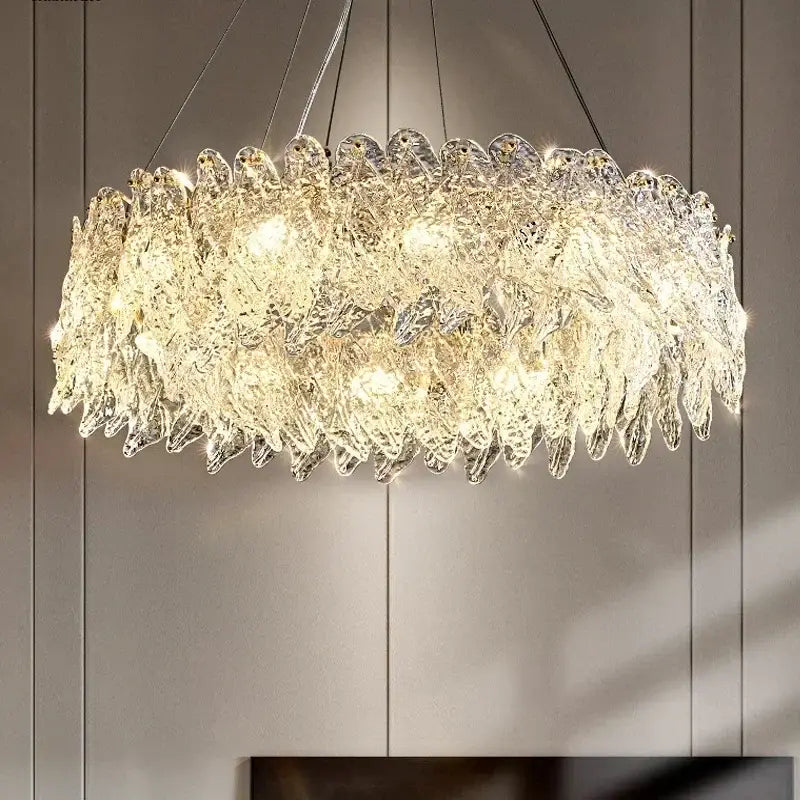 Modern circular glass petal led chandelier with clear textured glass petals for dining room lighting