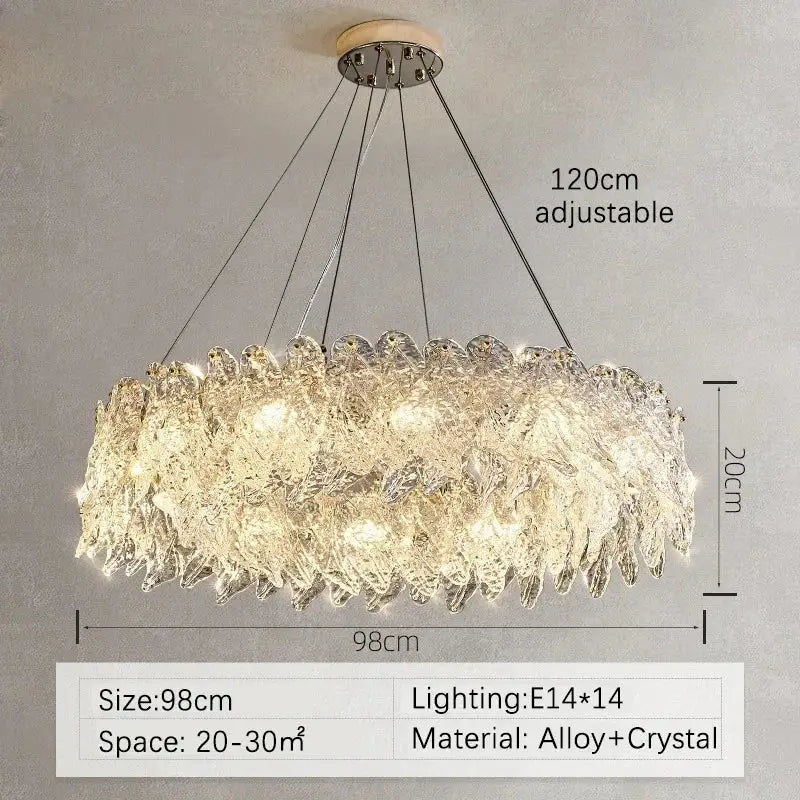Modern circular glass petal led chandelier with frosted crystal design and alloy mount for dining room lighting