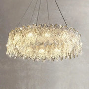 Modern circular glass petal led chandelier with clear textured glass petals designed for dining room lighting