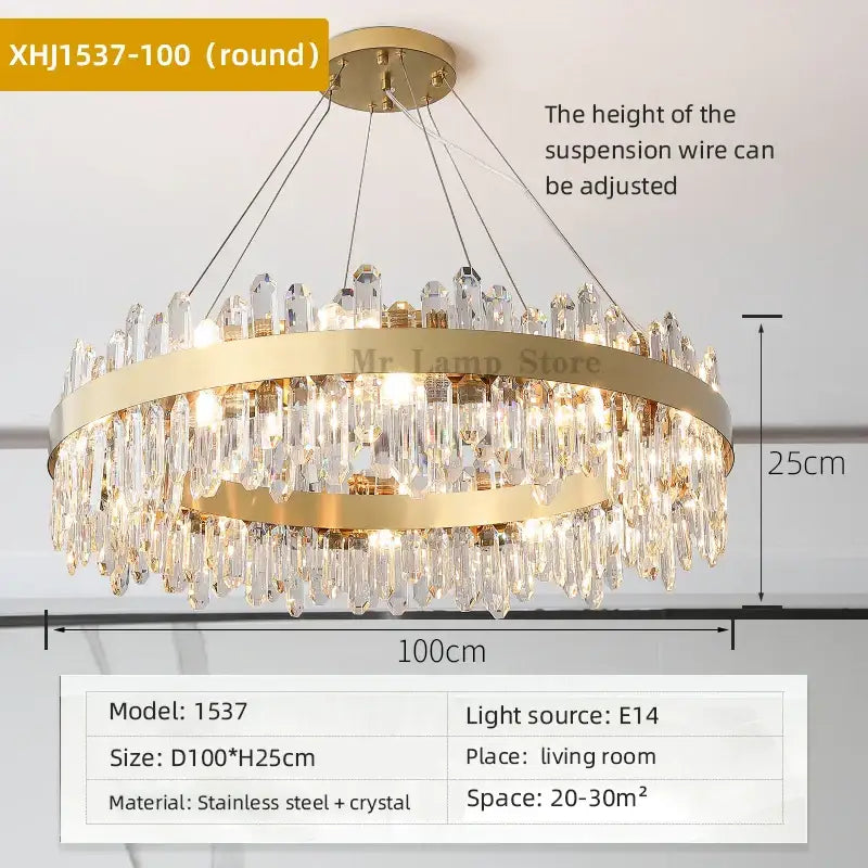 Modern circular gold decorbites crystal chandelier with cascading droplets and adjustable suspension for living room
