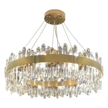 Modern circular gold decorbites crystal chandelier with cascading prisms an exquisite piece for living room decor
