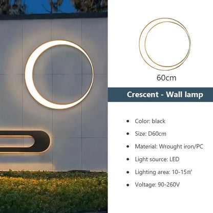 Black crescent-shaped modern circular led wall lamp made of wrought iron and pc for outdoor space decorbites elegant curved design