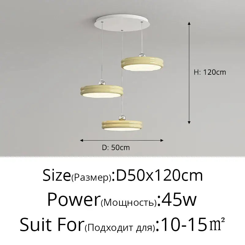 Modern circular chandelier with creamy beige circular shades and slender metallic chains for dining room decorbites circular modern