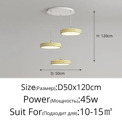 Modern circular chandelier with creamy beige circular shades and slender metallic chains for dining room decorbites circular modern
