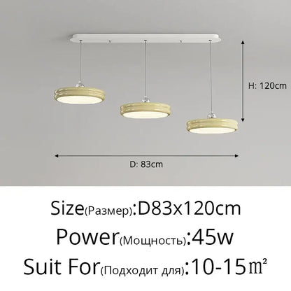 Cream-colored decorbites circular modern pendant light with three circular shades and a sleek rectangular ceiling mount