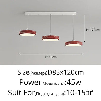 Red circular pendant lights with glossy finish hang from white ceiling mount in decorbites circular modern chandelier