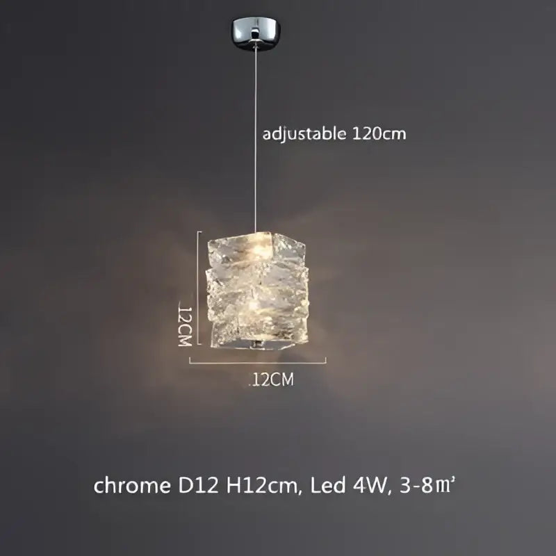 Modern cube-shaped pendant light with chrome finish and clear crystal glass panels for dimmable crystal chandelier decorbites