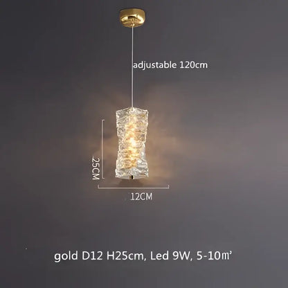 Gold-colored cylindrical pendant light with textured crystal design and adjustable 120cm hanging length for modern decorbites dimmable crystal chandelier