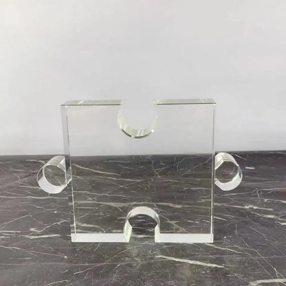 Modern clear acrylic crystal geometric puzzle bookends with polished edges and integrated handles for living room decorbites crystal geometric