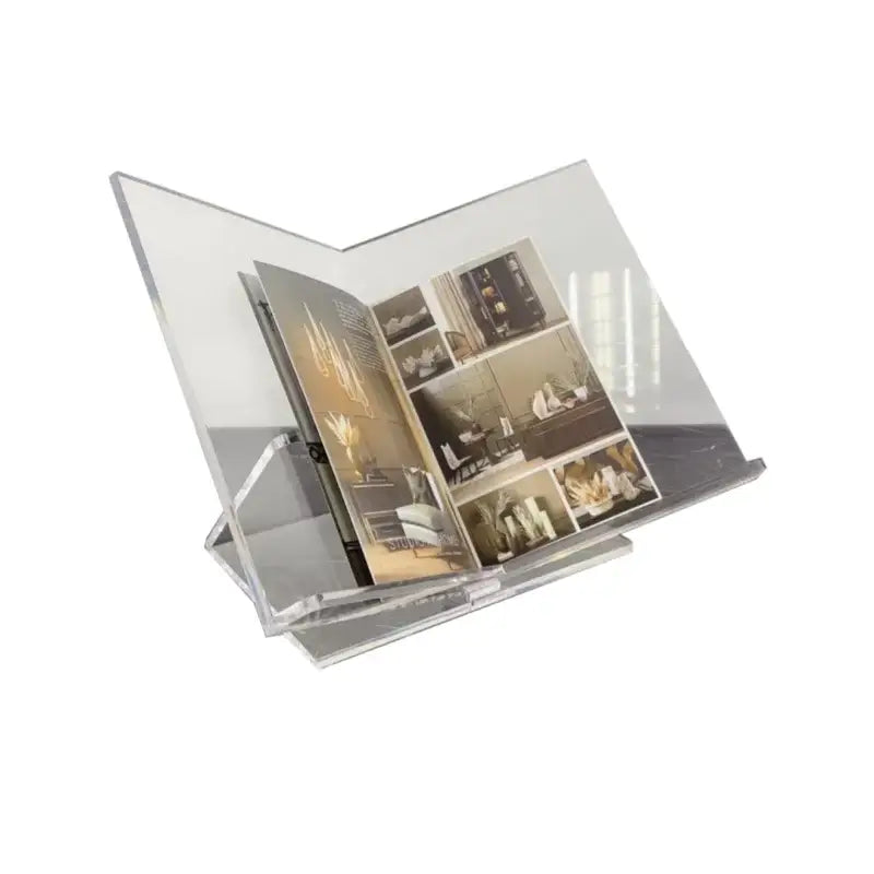 Clear acrylic geometric magazine rack by decorbites holding an open magazine for office desktop storage