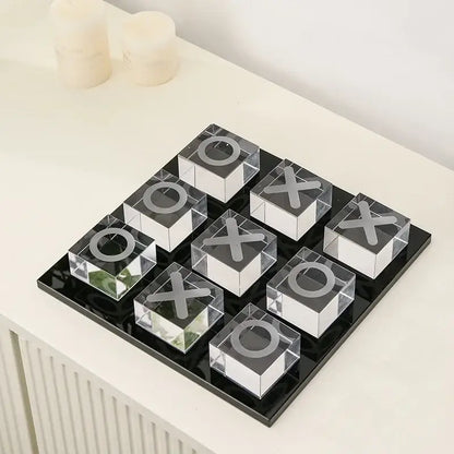 Modern clear acrylic tic tac toe set with engraved black symbols on sleek black base for decorbites geometric crystal chess