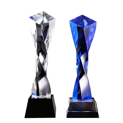 Modern clear and blue glass twisted column trophy office award featuring two decorbites blue glass twisted crystal trophies