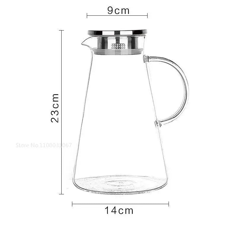 Modern clear borosilicate glass pitcher with stainless steel lid handle and built-in mesh infuser for kitchen use