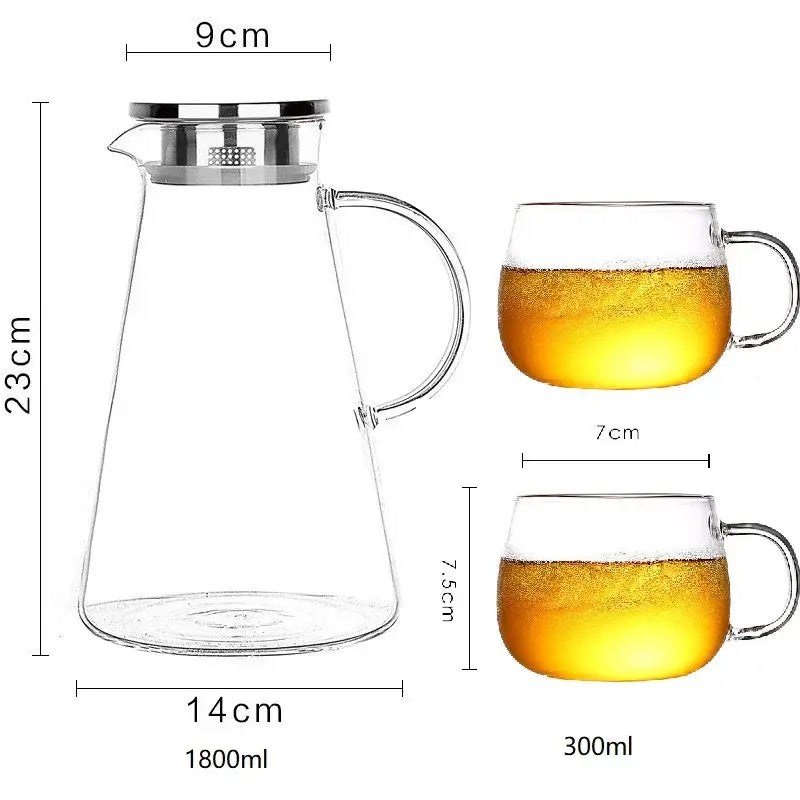 Modern clear borosilicate glass pitcher with stainless steel lid and strainer with two matching glass mugs