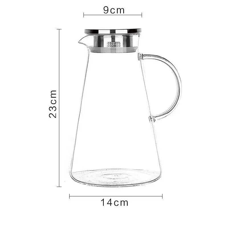 Modern clear borosilicate glass pitcher with stainless steel lid and built-in mesh infuser for kitchen use