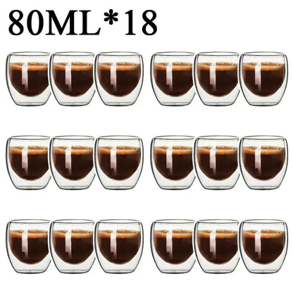 Set of 18 clear double wall borosilicate glass espresso cups each holding 80ml for modern kitchen use
