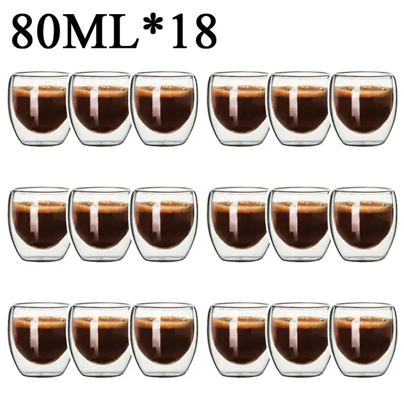 Set of 18 clear double wall borosilicate glass espresso cups each holding 80ml for modern kitchen use