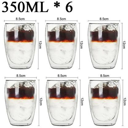 Modern clear double wall borosilicate glass espresso cups set with 350ml rounded tumblers holding ice and dark liquid