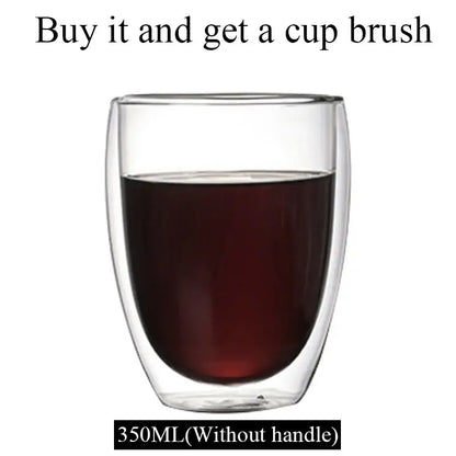 Modern clear double wall borosilicate glass mug filled with dark liquid for kitchen coffee use