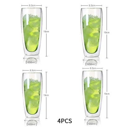 Modern clear double wall glass cup set with 650ml green liquid and ice cubes for dining room use