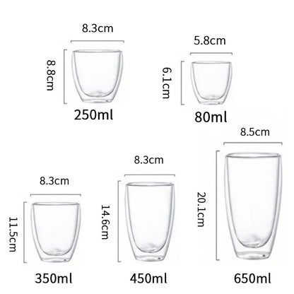 Modern clear double wall glass cup set featuring transparent glass cups in various sizes for dining room use