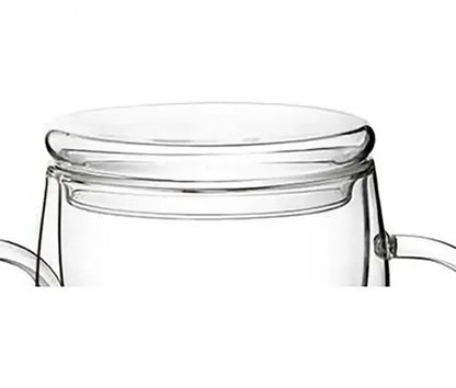 Modern clear double wall tumbler set with bamboo lids featuring a clear double-walled glass teapot with handles