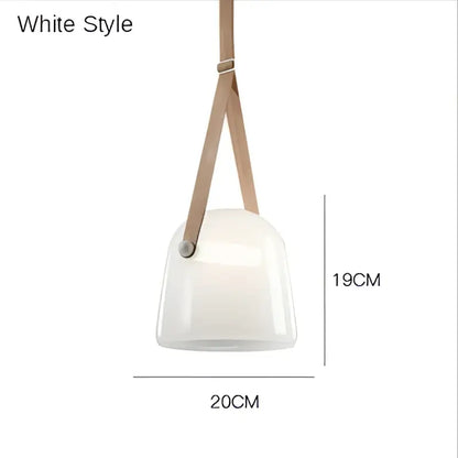 White ceramic pendant light fixture with beige leather straps for modern kitchen lighting design