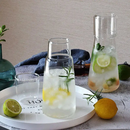 Modern clear glass bedside carafe set with cup featuring ice lemon slices and fresh rosemary for bedroom decorbites clear glass