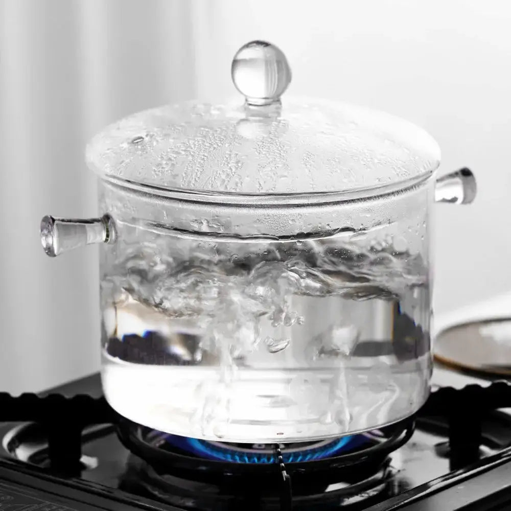 Modern clear glass cooking pot with silver rounded handles and lid knob ideal for boiling water and glass cooking tasks