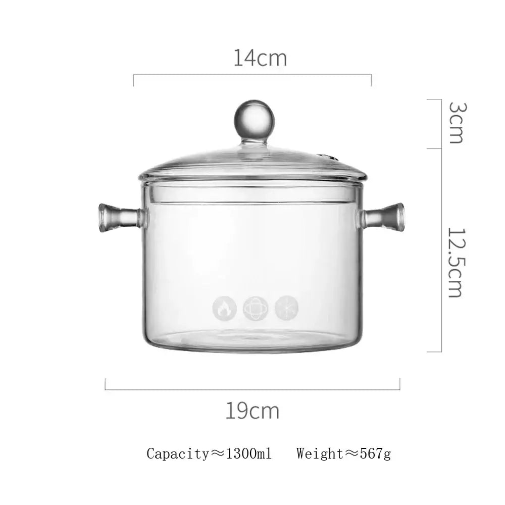 Modern clear glass cooking pot with silver handles featuring subtle etched icons for boiling water and glass cooking use