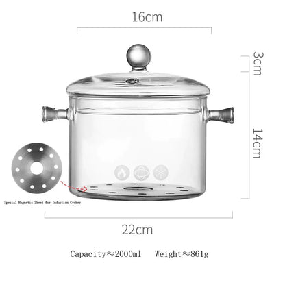 Modern clear glass cooking pot with silver handles and transparent lid includes magnetic induction cooker sheet for glass cooking