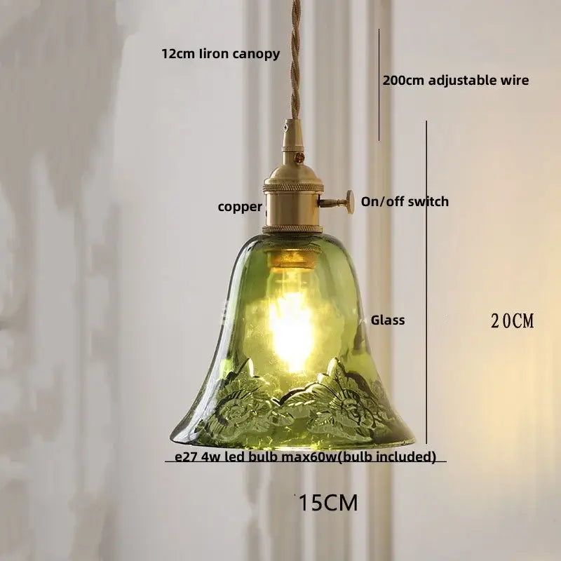 Vintage green glass bell-shaped pendant light with floral etching and clear glass copper fixture for kitchen decorbites