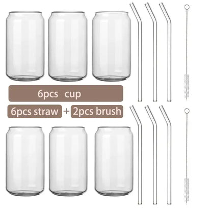 Set of six clear glass cups with reusable curved glass straws and cleaning brushes for modern kitchen use decorbites glass cup