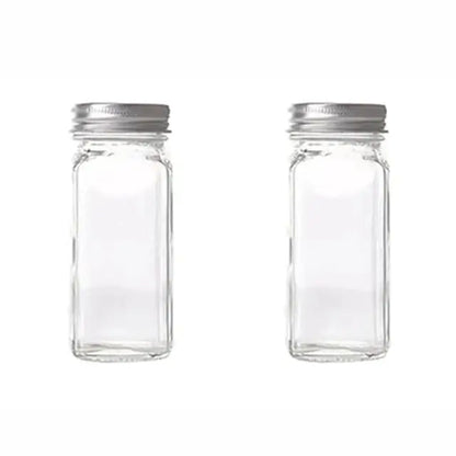 Modern clear glass seasoning jar set with rectangular glass seasoning jars and silver metal screw-on lids for kitchen use