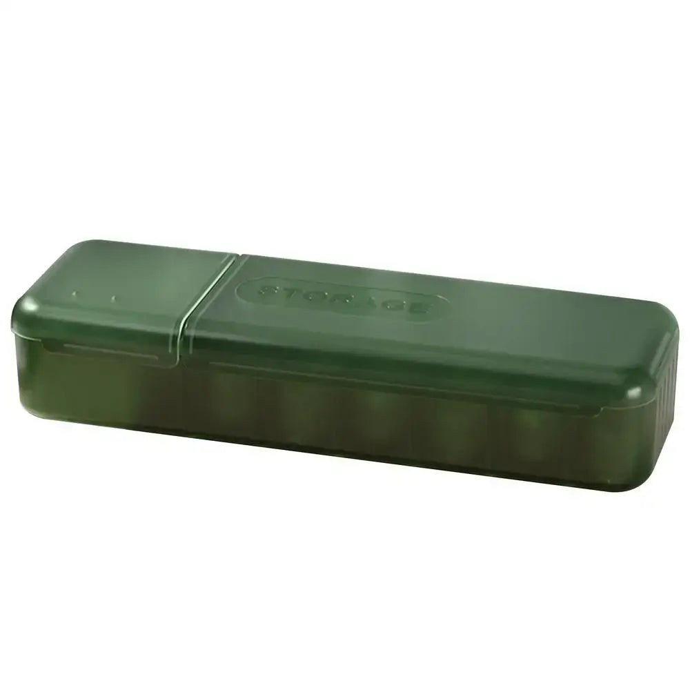 Dark green translucent plastic pill organizer with hinged lid and compartments for decorbites cable box desk organizer use