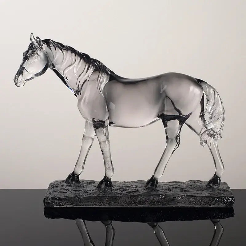 Modern clear horse resin sculpture featuring a transparent glass horse with black accents on a dark base for decorbites clear horse decor