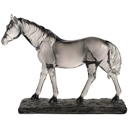 Modern clear horse resin sculpture in translucent gray with black accents for living room decor by decorbites