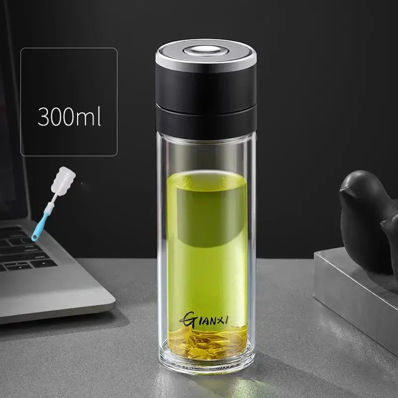 Modern clear insulated glass cup filled with green tea featuring decorbites insulated glass and black silver lid