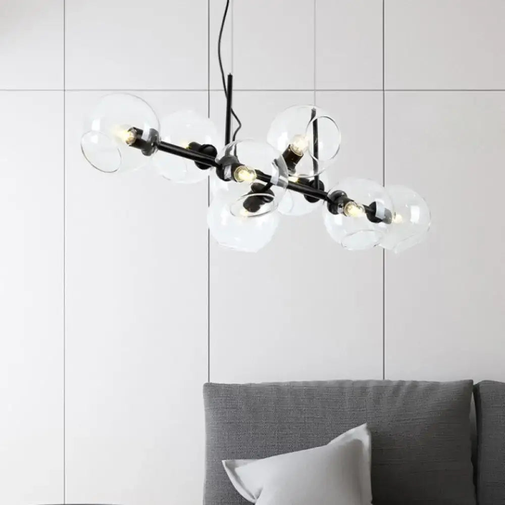 Modern black metal chandelier lighting fixture with clear smoke glass globe shades for dining room illumination