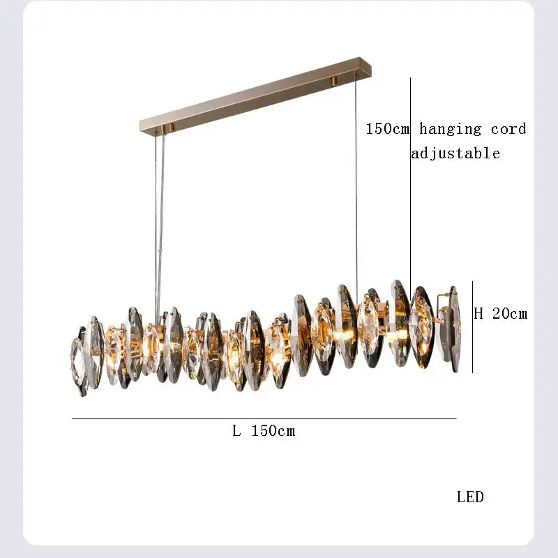 Modern clear and smoky decorbites crystal led chandelier with faceted discs and sleek metallic bar for living room decor
