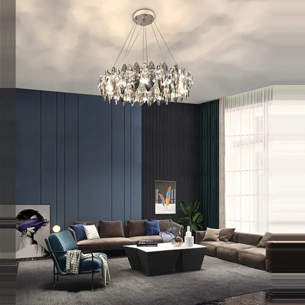 A modern clear and smoky crystal led chandelier with circular design from decorbites crystal led for living room decor