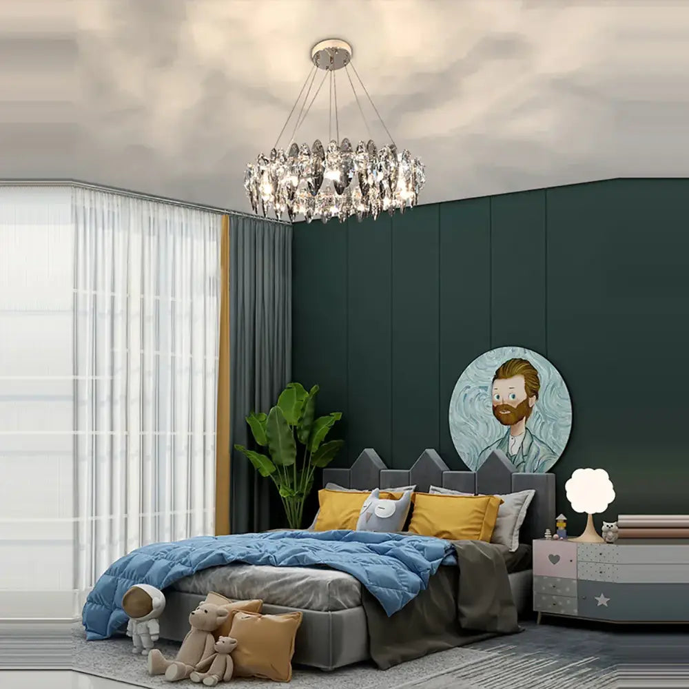 A modern clear and smoky crystal led chandelier by decorbites crystal led hanging in a living room decor setting