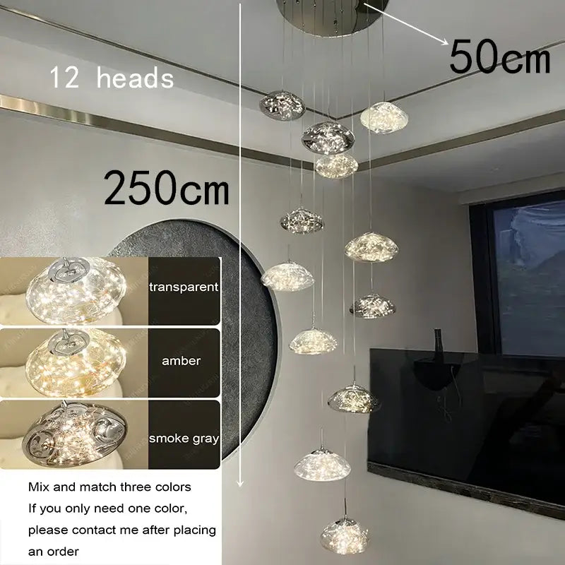 Modern cloud glass crystal pendant chandelier 250cm with twelve transparent amber and smoke gray glass heads for dining room focal point